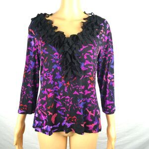 Cable & Gauge Confetti Fringe Neck Bird Print Blouse Top 3/4 Sleeve Petite Large
